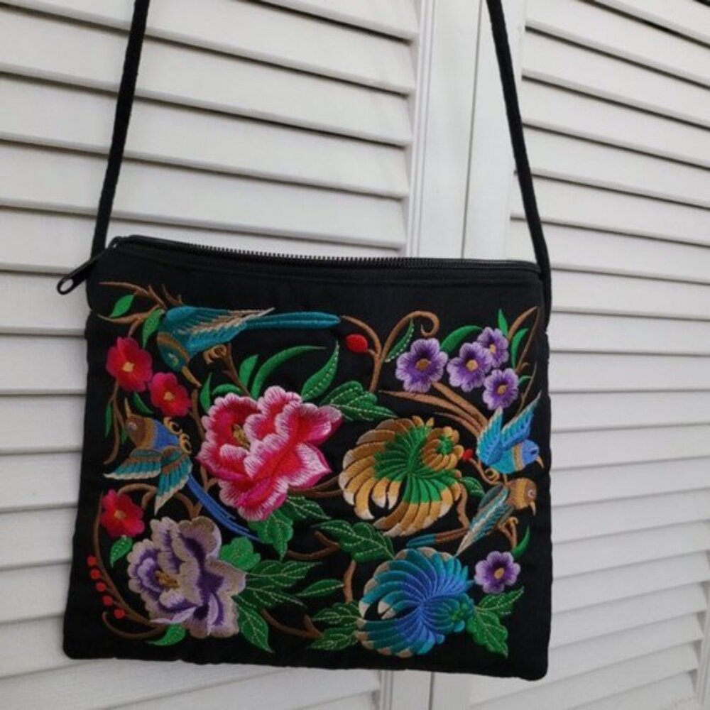 Floral & Bird Embroidered Handbag